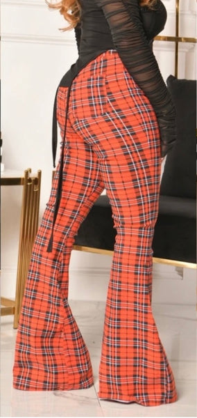 Plaid Print Bell Bottom Pants - Red