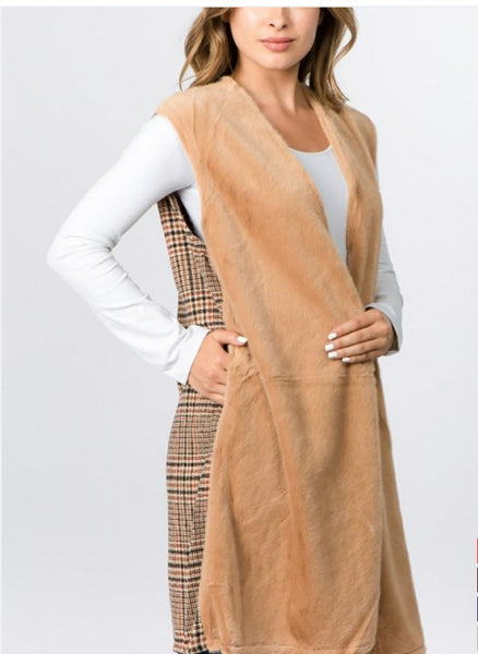 Plaid Fur Vest (Camel)