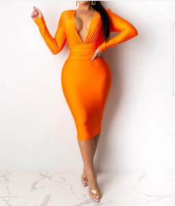 V-Neck Bodycon Dress - Orange