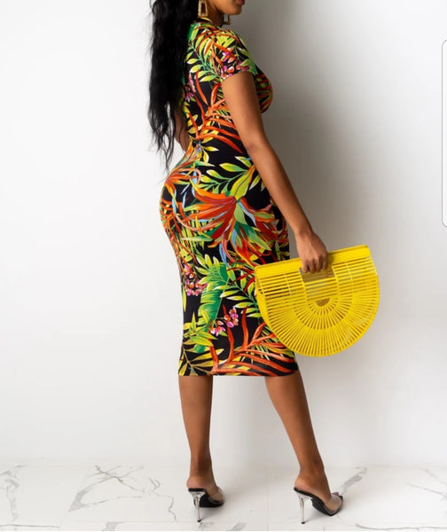 Tropical Print Front Tie Dress