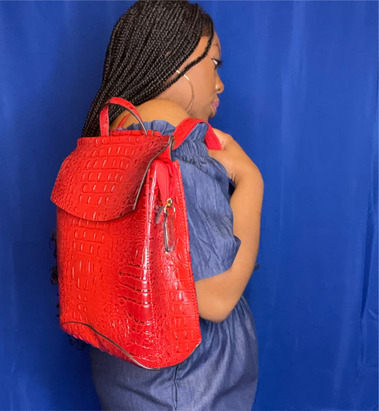 Red Crocodile Print Backpack/ Purse