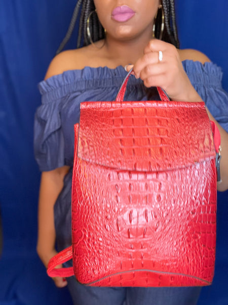 Red Crocodile Print Backpack/ Purse